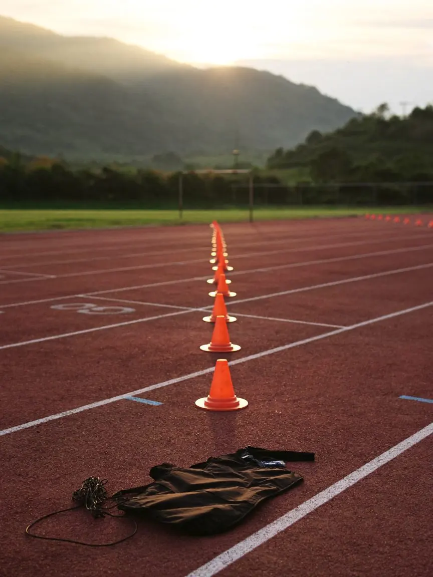 Conos de agilidad en fila sobre una pista de atletismo al amanecer, con un chaleco lastrado y una comba